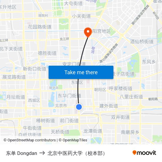 东单 Dongdan to 北京中医药大学（校本部） map