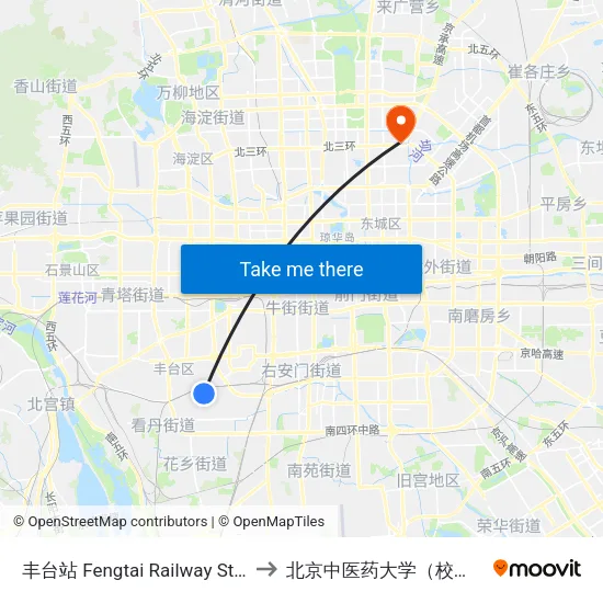 丰台站 Fengtai Railway Station to 北京中医药大学（校本部） map
