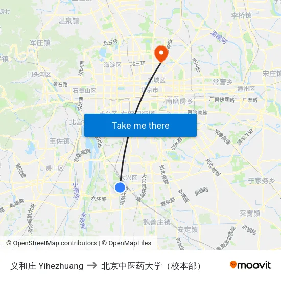 义和庄 Yihezhuang to 北京中医药大学（校本部） map