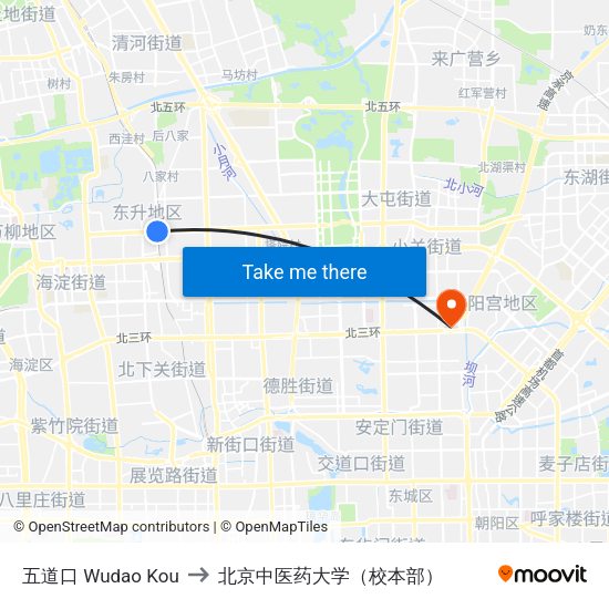 五道口 Wudao Kou to 北京中医药大学（校本部） map