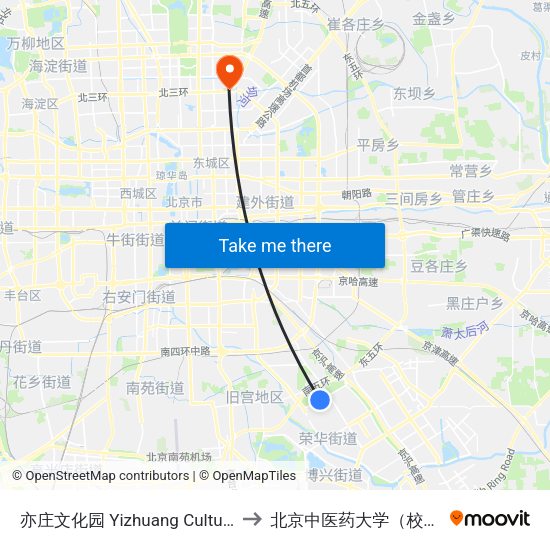 亦庄文化园 Yizhuang Culture Park to 北京中医药大学（校本部） map