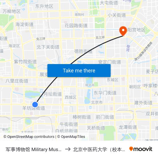 军事博物馆 Military Museum to 北京中医药大学（校本部） map