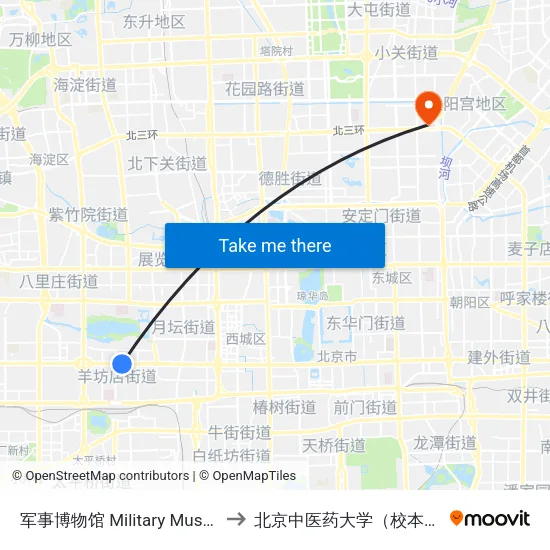 军事博物馆 Military Museum to 北京中医药大学（校本部） map