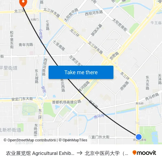 农业展览馆 Agricultural Exhibition Center to 北京中医药大学（校本部） map