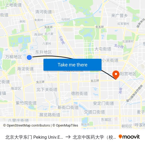 北京大学东门 Peking Univ.East Gate to 北京中医药大学（校本部） map