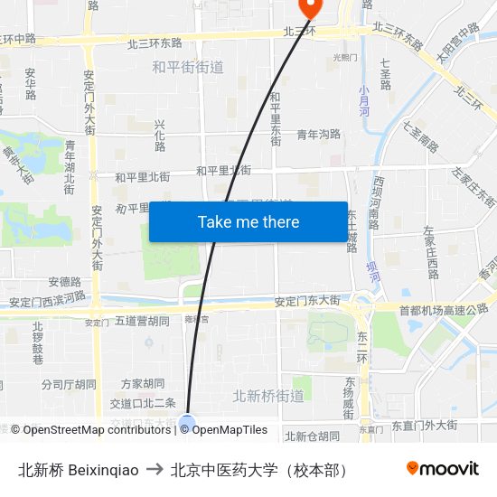 北新桥 Beixinqiao to 北京中医药大学（校本部） map