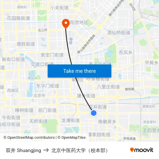 双井 Shuangjing to 北京中医药大学（校本部） map