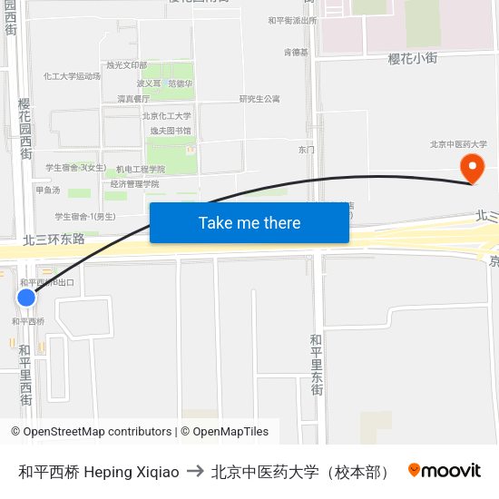 和平西桥 Heping Xiqiao to 北京中医药大学（校本部） map