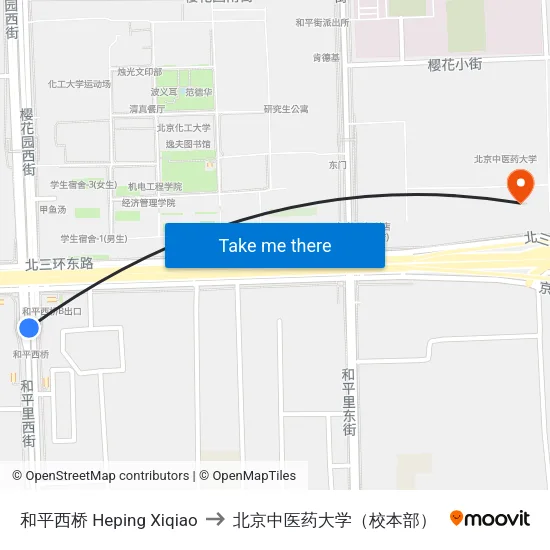 和平西桥 Heping Xiqiao to 北京中医药大学（校本部） map