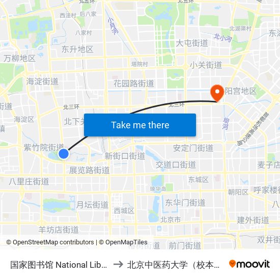 国家图书馆 National Library to 北京中医药大学（校本部） map
