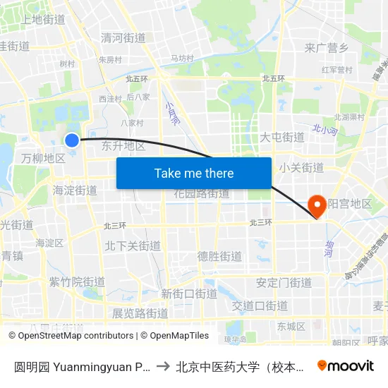 圆明园 Yuanmingyuan Park to 北京中医药大学（校本部） map
