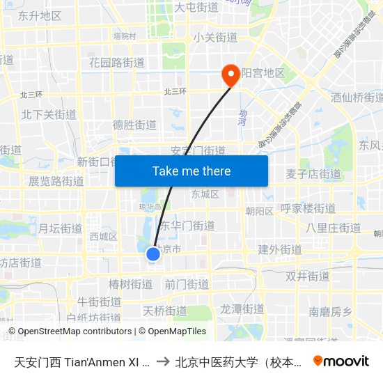 天安门西 Tian'Anmen XI (W) to 北京中医药大学（校本部） map