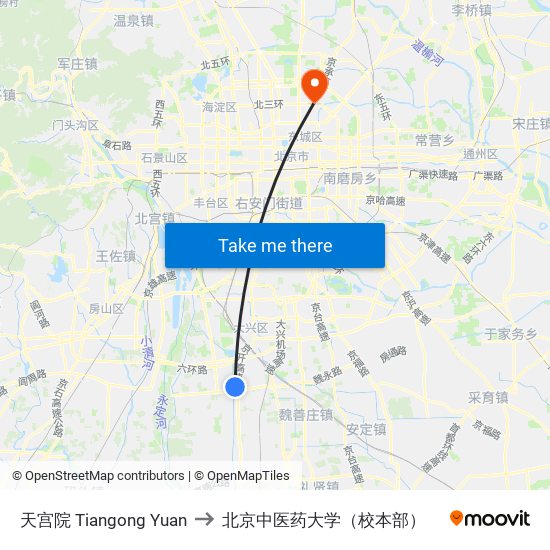 天宫院 Tiangong Yuan to 北京中医药大学（校本部） map