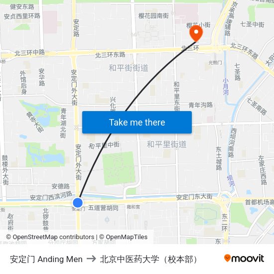 安定门 Anding Men to 北京中医药大学（校本部） map