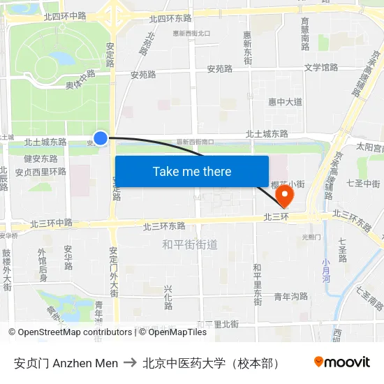 安贞门 Anzhen Men to 北京中医药大学（校本部） map