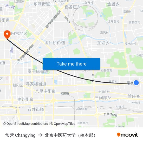 常营 Changying to 北京中医药大学（校本部） map