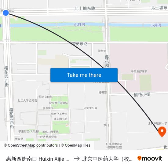 惠新西街南口 Huixin Xijie Nankou to 北京中医药大学（校本部） map