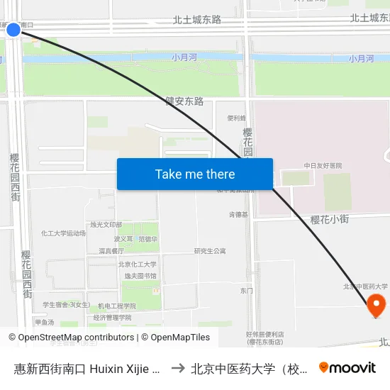 惠新西街南口 Huixin Xijie Nankou to 北京中医药大学（校本部） map