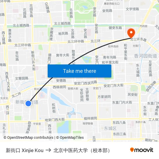 新街口 Xinjie Kou to 北京中医药大学（校本部） map