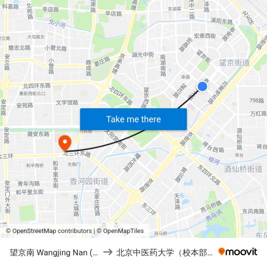 望京南 Wangjing Nan (S) to 北京中医药大学（校本部） map