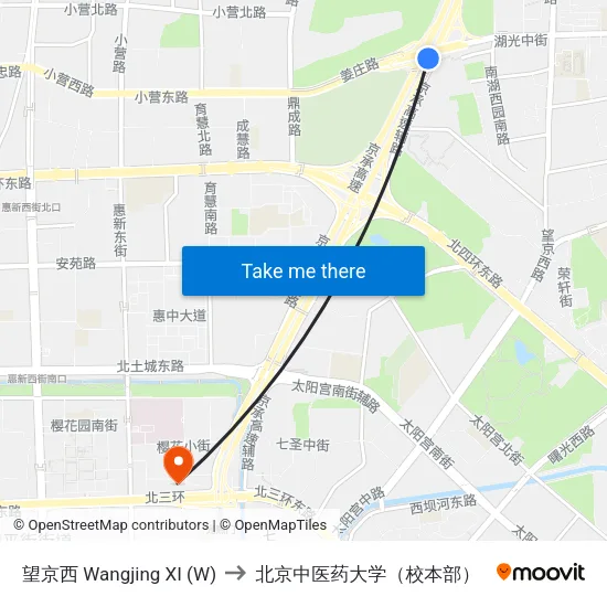 望京西 Wangjing XI (W) to 北京中医药大学（校本部） map