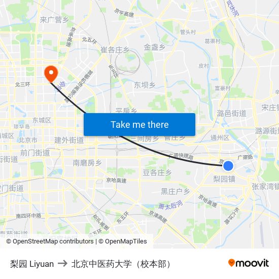 梨园 Liyuan to 北京中医药大学（校本部） map