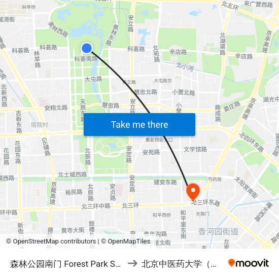 森林公园南门 Forest Park South Gate to 北京中医药大学（校本部） map