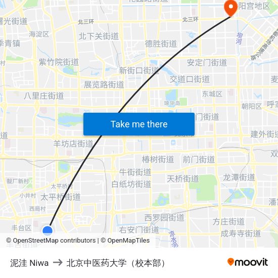 泥洼 Niwa to 北京中医药大学（校本部） map