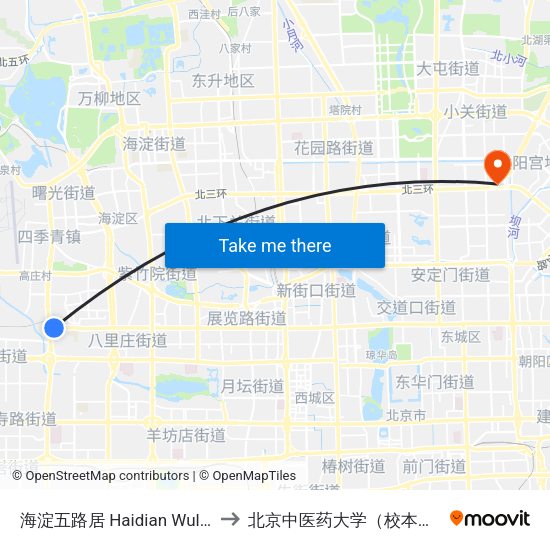 海淀五路居 Haidian Wuluju to 北京中医药大学（校本部） map