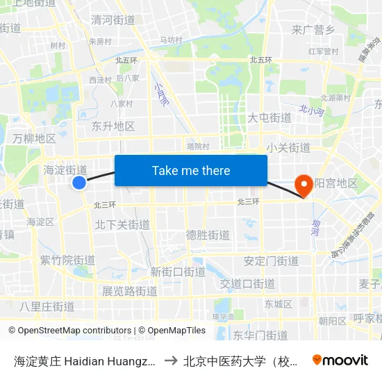 海淀黄庄 Haidian Huangzhuang to 北京中医药大学（校本部） map