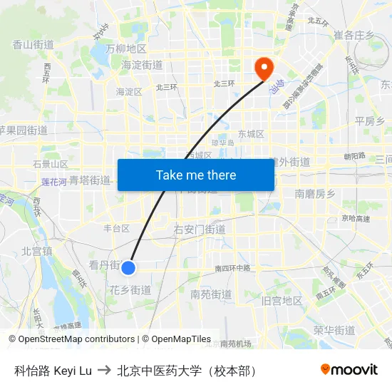 科怡路 Keyi Lu to 北京中医药大学（校本部） map