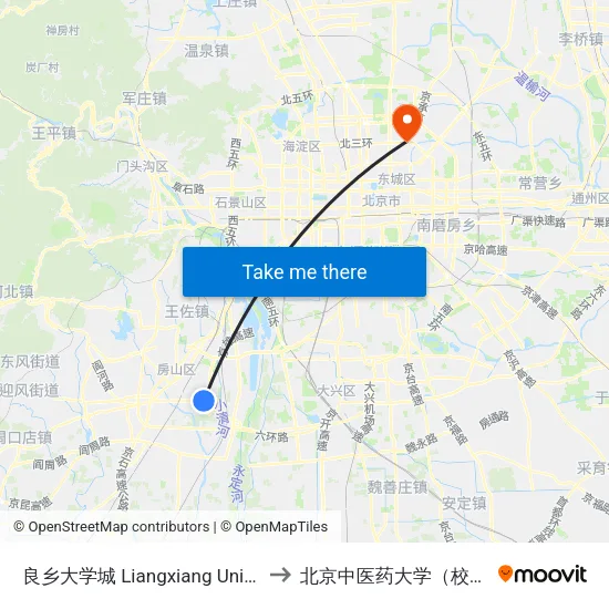 良乡大学城 Liangxiang Univ. Town to 北京中医药大学（校本部） map