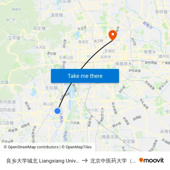 良乡大学城北 Liangxiang Univ. Town North to 北京中医药大学（校本部） map
