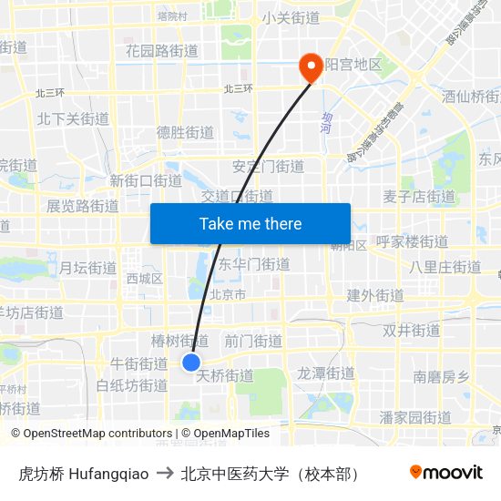 虎坊桥 Hufangqiao to 北京中医药大学（校本部） map