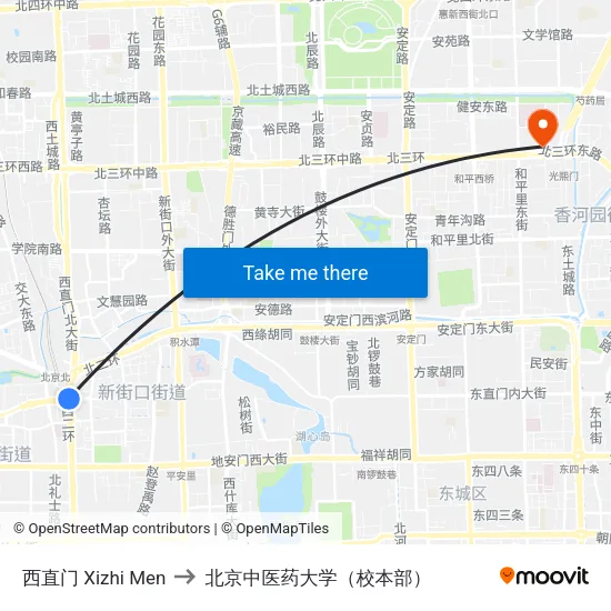 西直门 Xizhi Men to 北京中医药大学（校本部） map