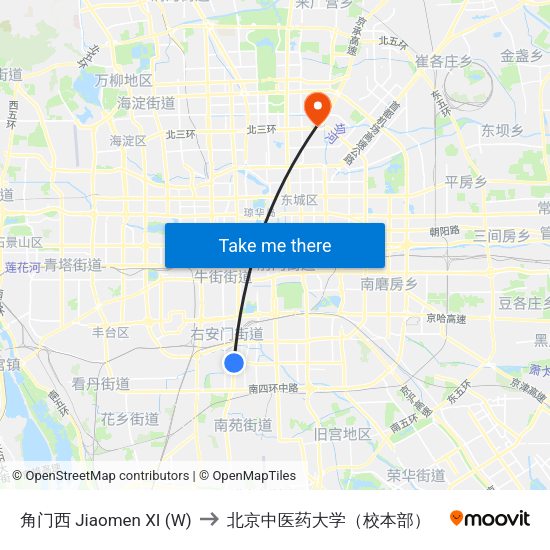 角门西 Jiaomen XI (W) to 北京中医药大学（校本部） map