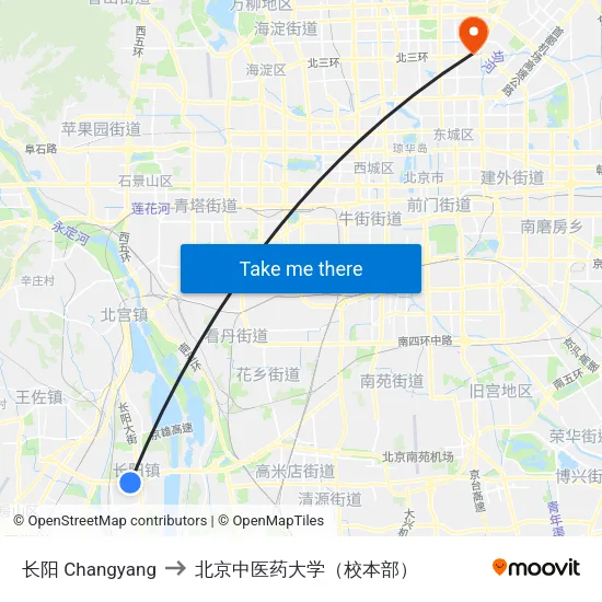 长阳 Changyang to 北京中医药大学（校本部） map
