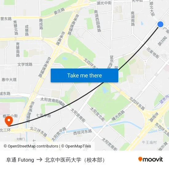 阜通 Futong to 北京中医药大学（校本部） map