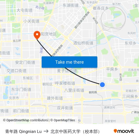 青年路 Qingnian Lu to 北京中医药大学（校本部） map
