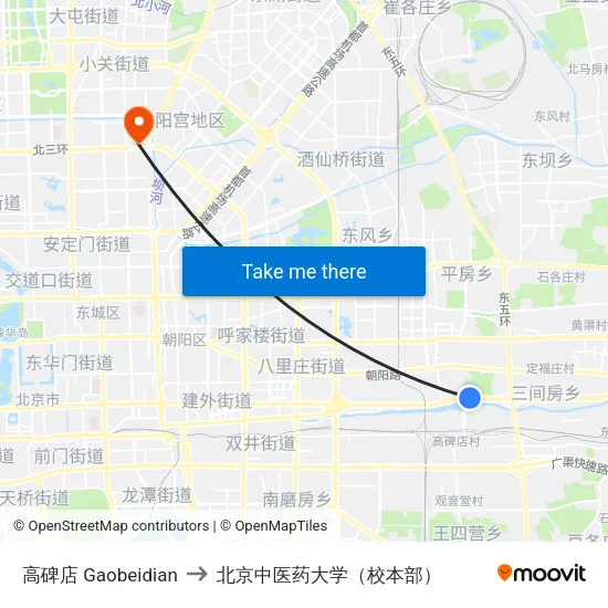 高碑店 Gaobeidian to 北京中医药大学（校本部） map