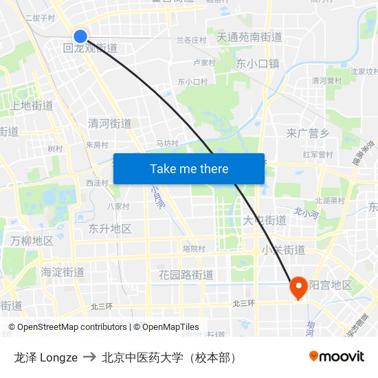 龙泽 Longze to 北京中医药大学（校本部） map