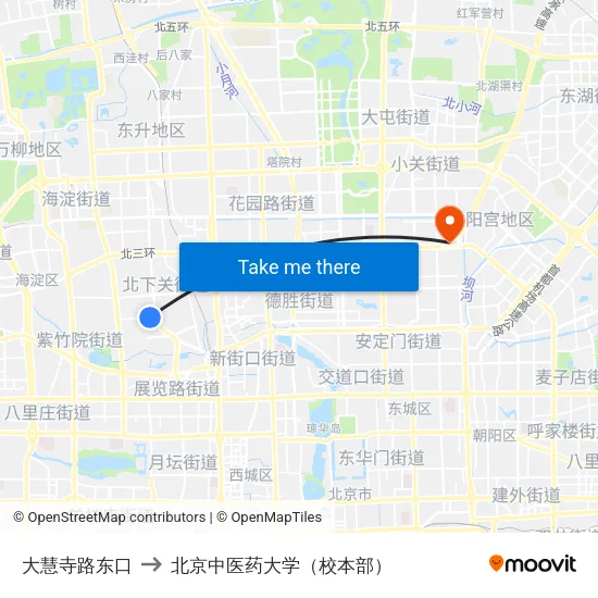 大慧寺路东口 to 北京中医药大学（校本部） map
