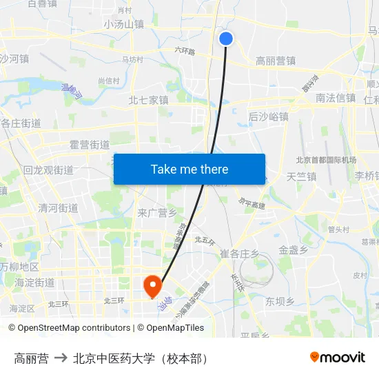 高丽营 to 北京中医药大学（校本部） map