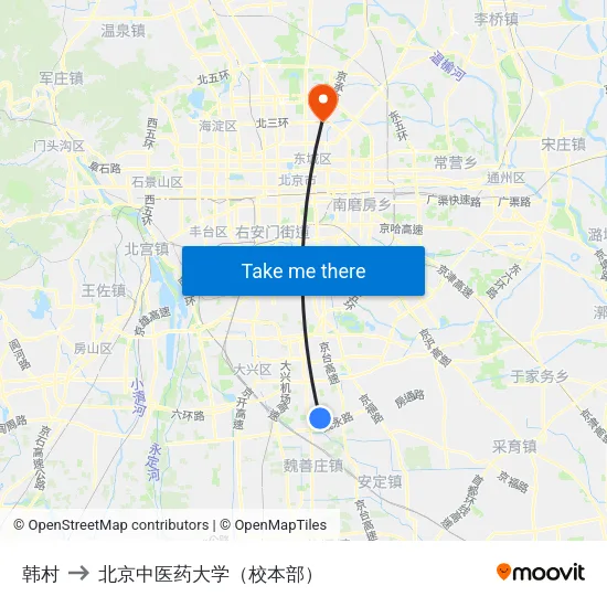 韩村 to 北京中医药大学（校本部） map