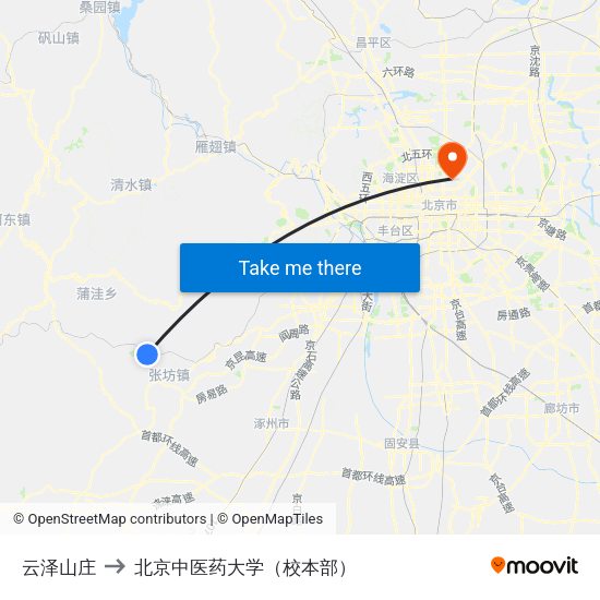 云泽山庄 to 北京中医药大学（校本部） map