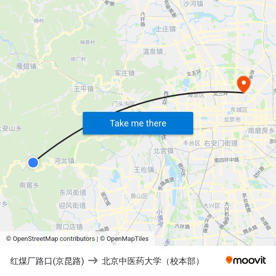 红煤厂路口(京昆路) to 北京中医药大学（校本部） map