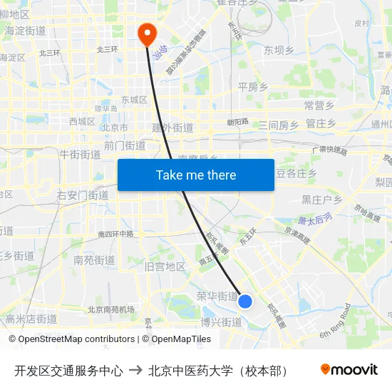 开发区交通服务中心 to 北京中医药大学（校本部） map