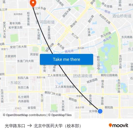 光华路东口 to 北京中医药大学（校本部） map