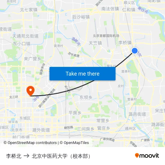 李桥北 to 北京中医药大学（校本部） map