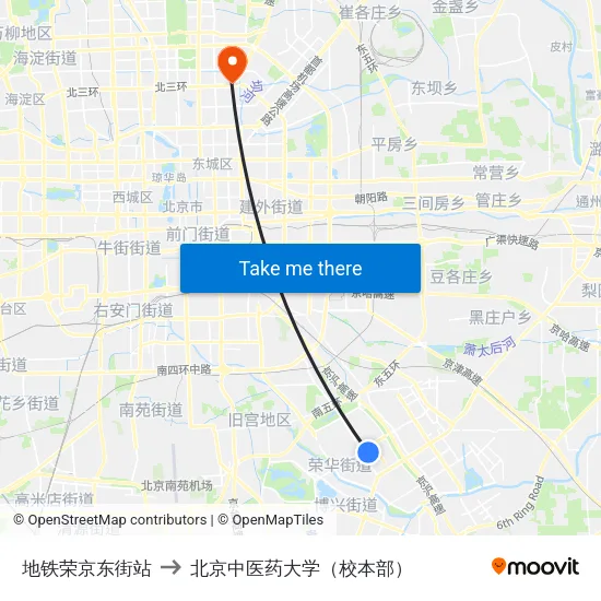 地铁荣京东街站 to 北京中医药大学（校本部） map